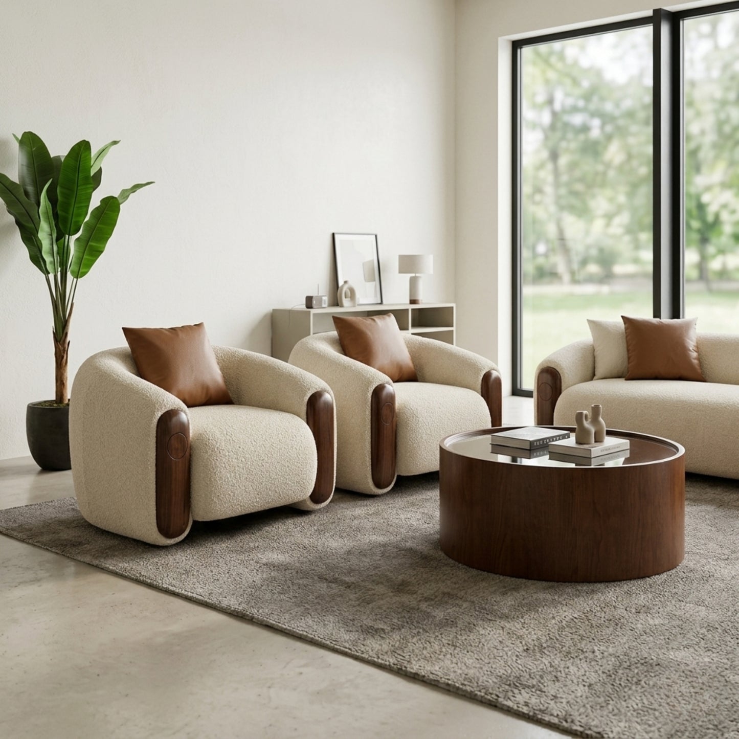 Fauteuil Accent Bouclé & Bois Massif | Fauteuil Lounge Design Contemporain