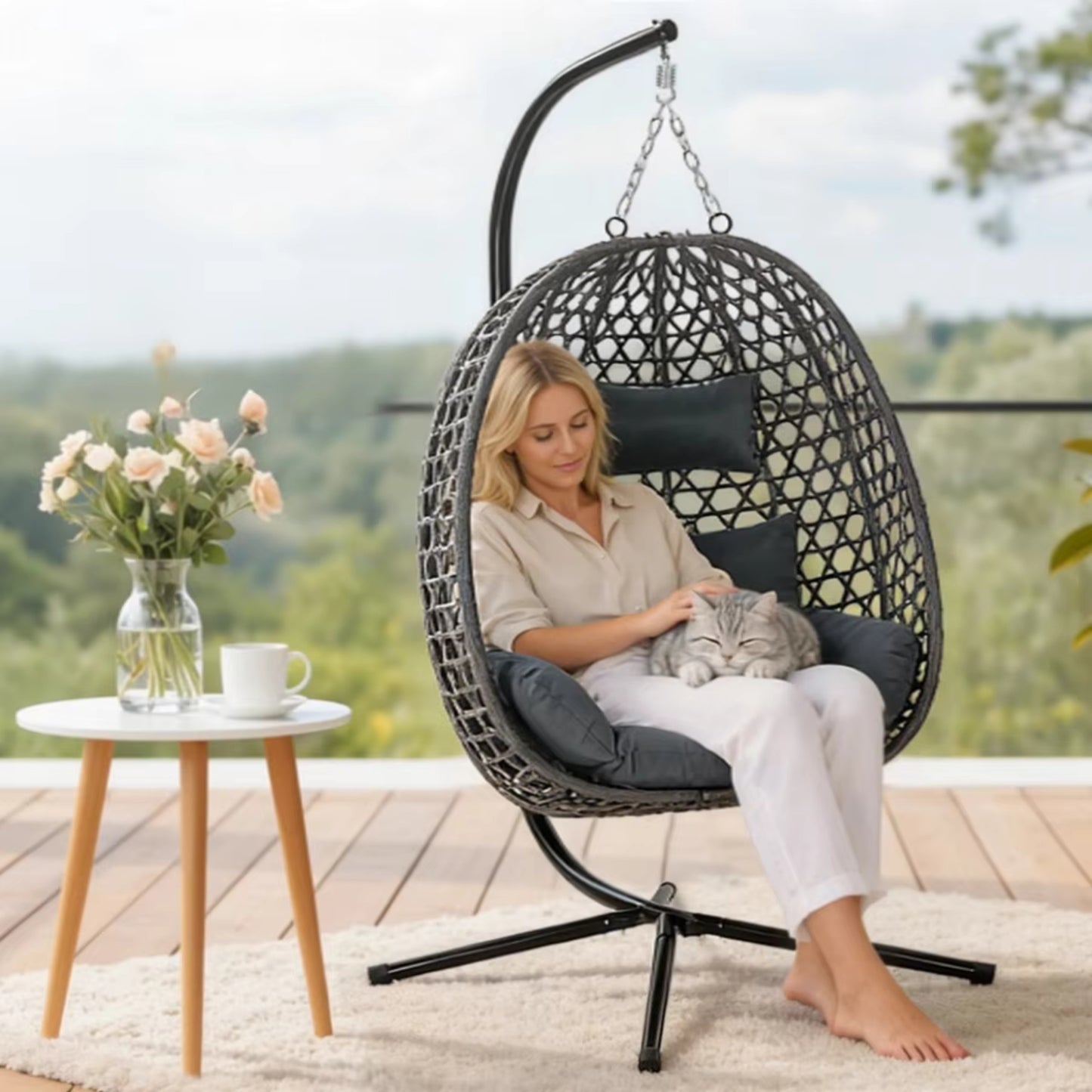 Fauteuil Suspendu Jardin - Chaise Oeuf en Rotin et Acier Galvanisé