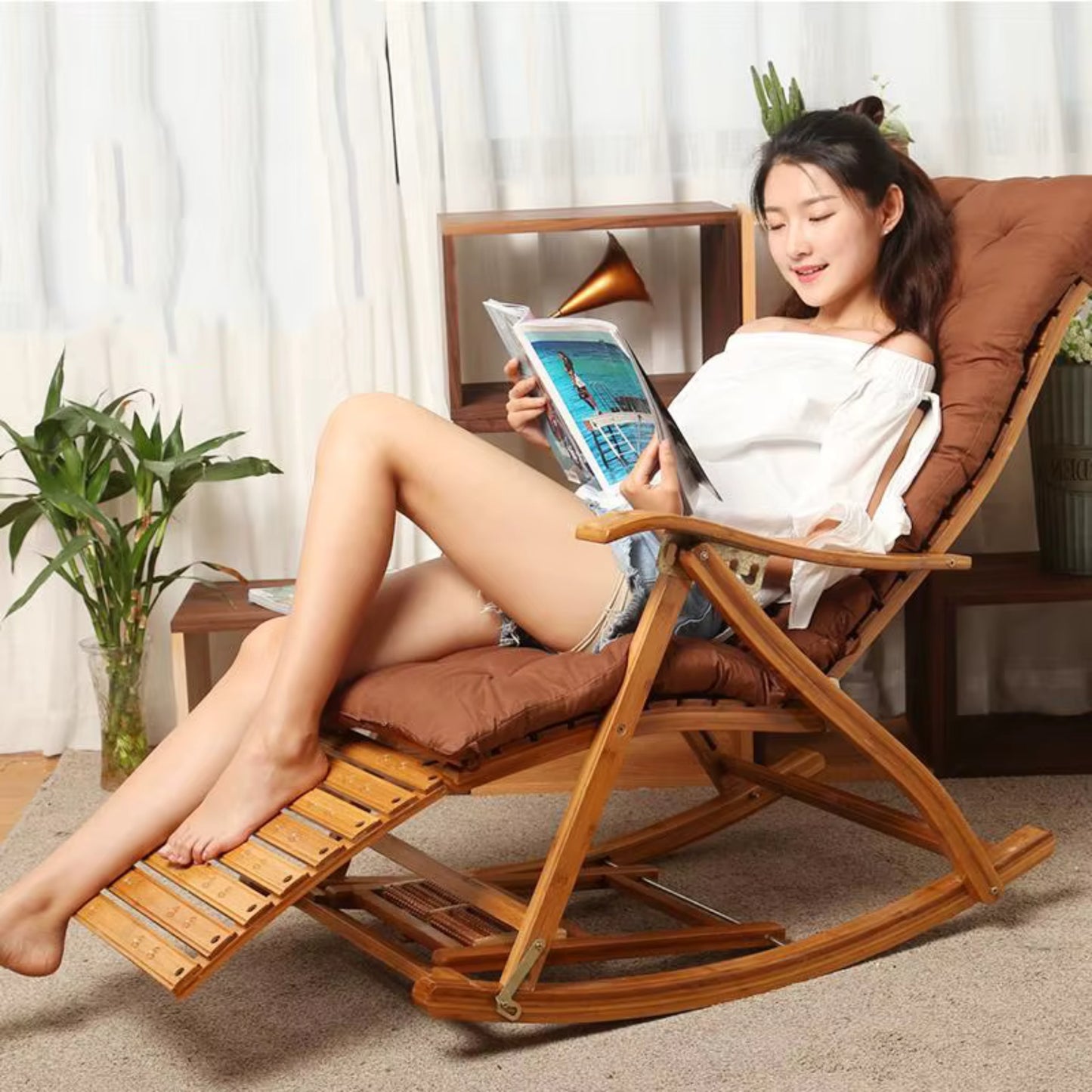 Chaise à Bascule pliante en Bambou Naturel | Chaise de jardin inclinable