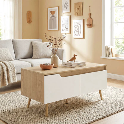 Table Basse Scandinave Blanc et Bois Chêne - 2 Tiroirs de Rangement