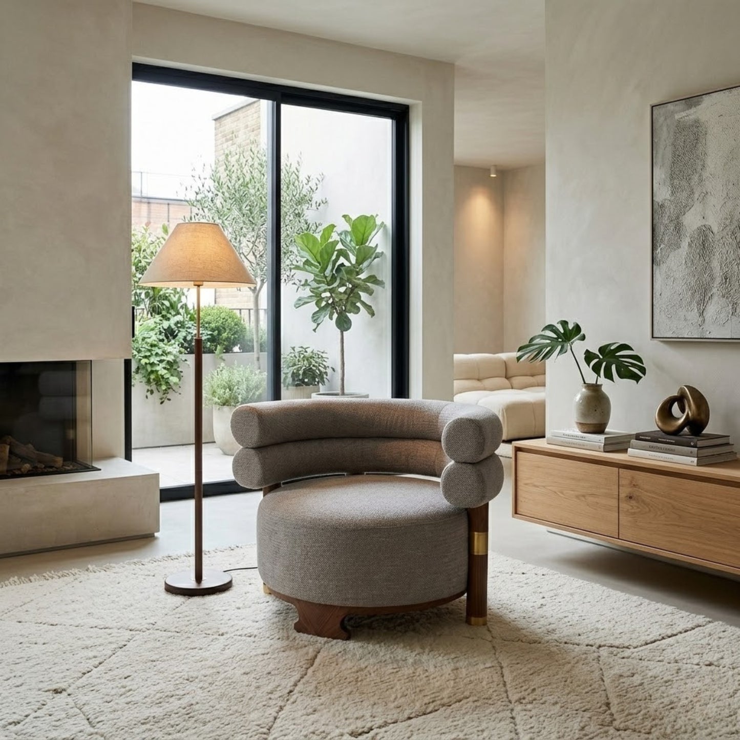Fauteuil Lounge Bouclé Courbe & Laiton | Design Arrondi Premium