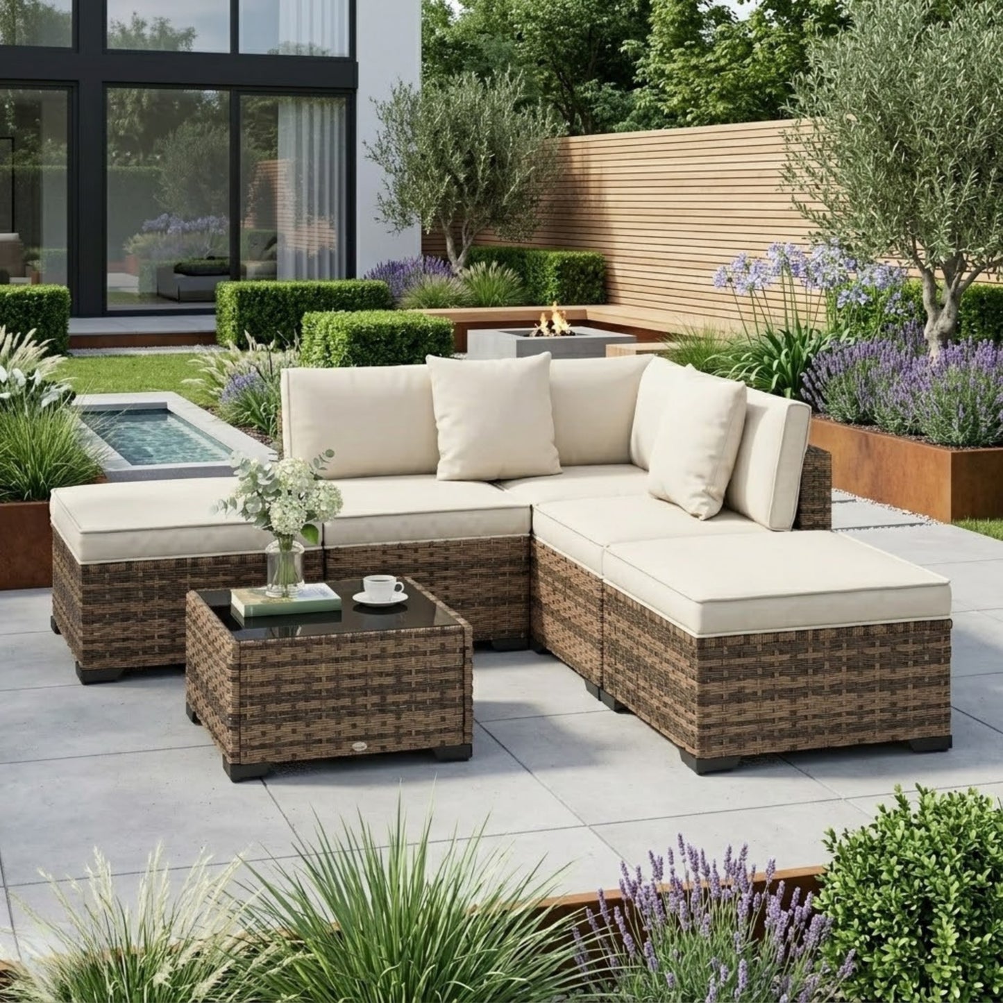 Salon de Jardin Modulable 6 Pièces en Résine Tressée | Coussins Rembourrés