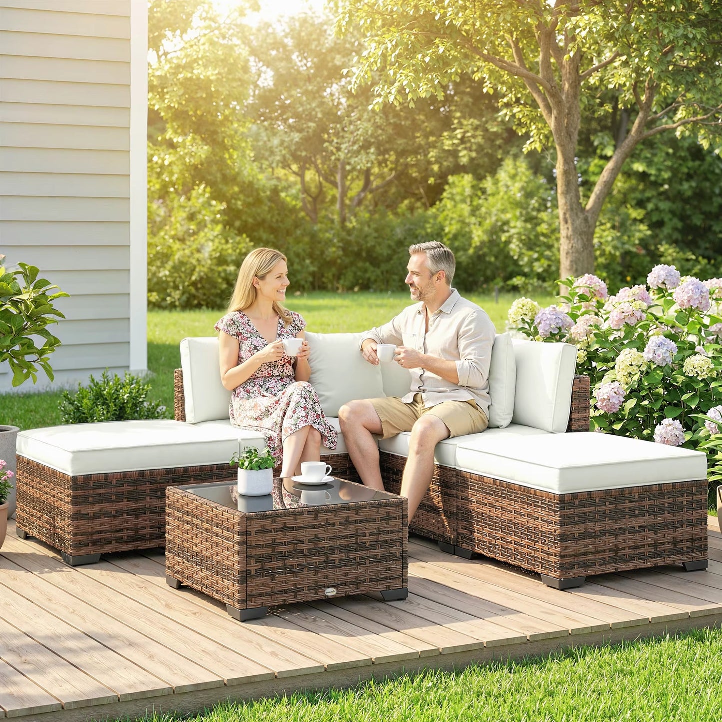 Salon de Jardin Modulable 6 Pièces en Résine Tressée | Coussins Rembourrés