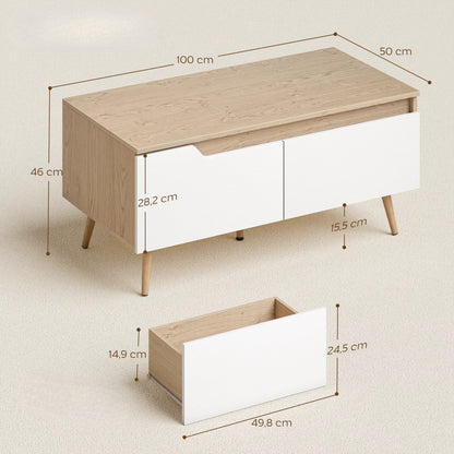 Table Basse Scandinave Blanc et Bois Chêne - 2 Tiroirs de Rangement