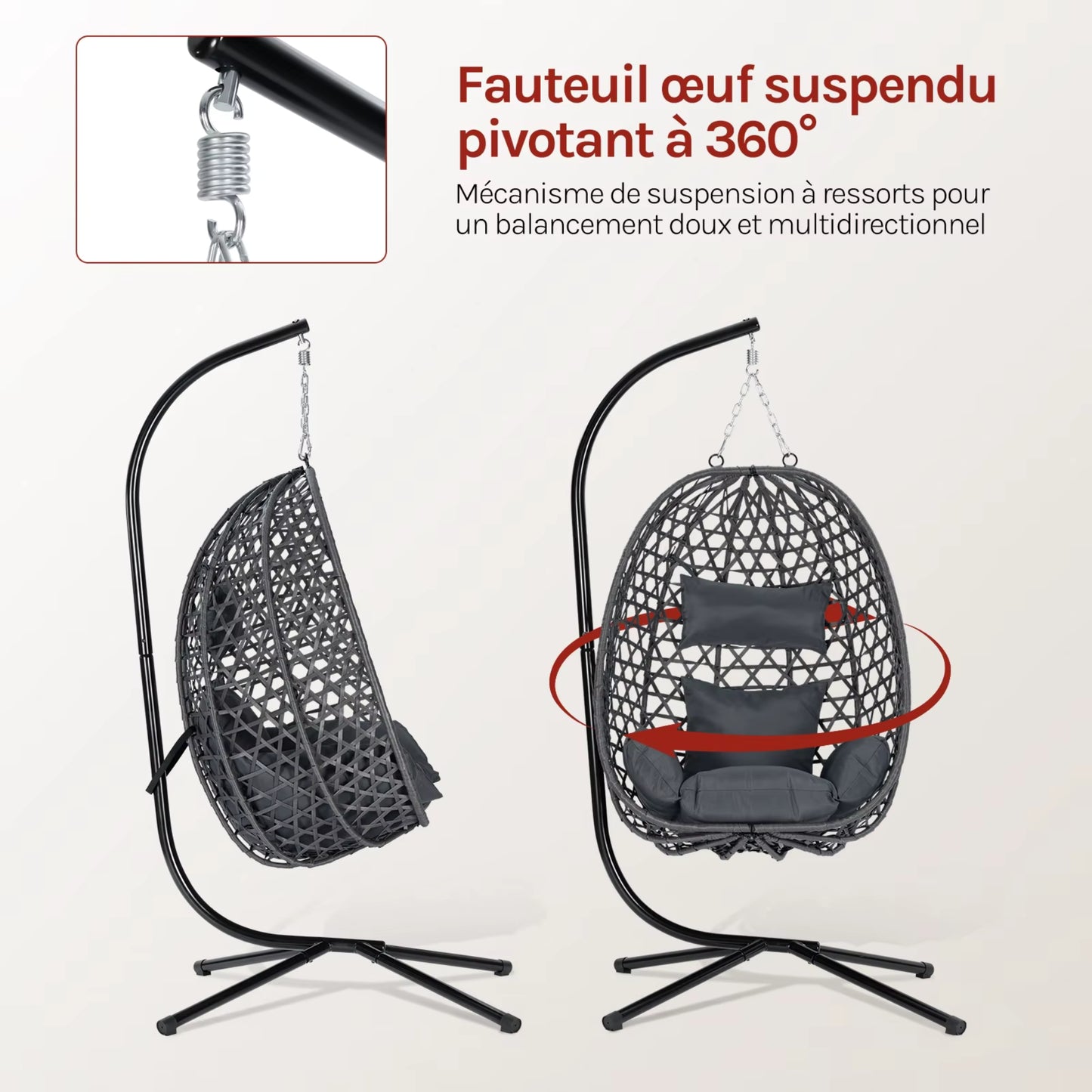 Fauteuil Suspendu Jardin - Chaise Oeuf en Rotin et Acier Galvanisé