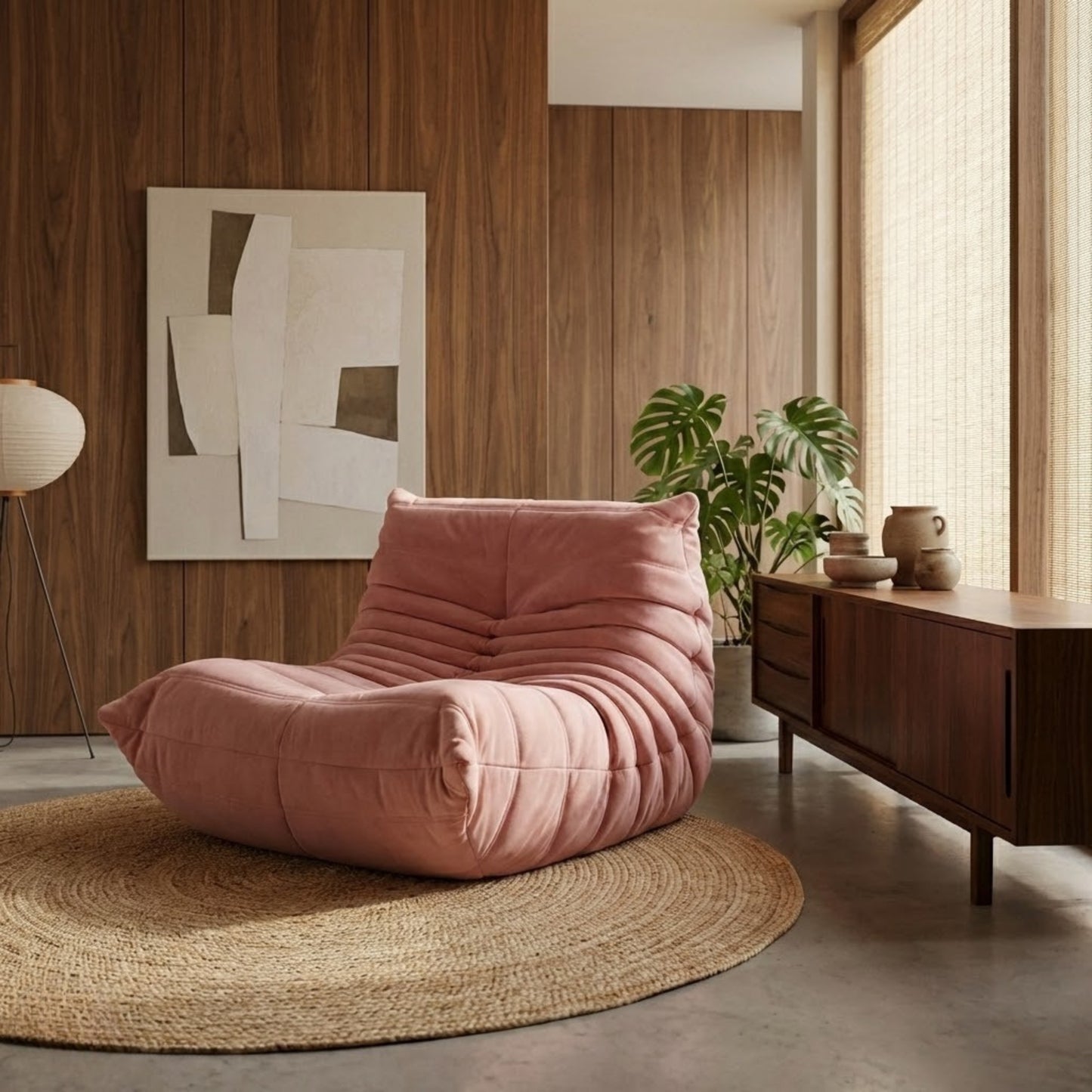 Fauteuil Lounge Velours Plissé "Olympe" | Assise Basse