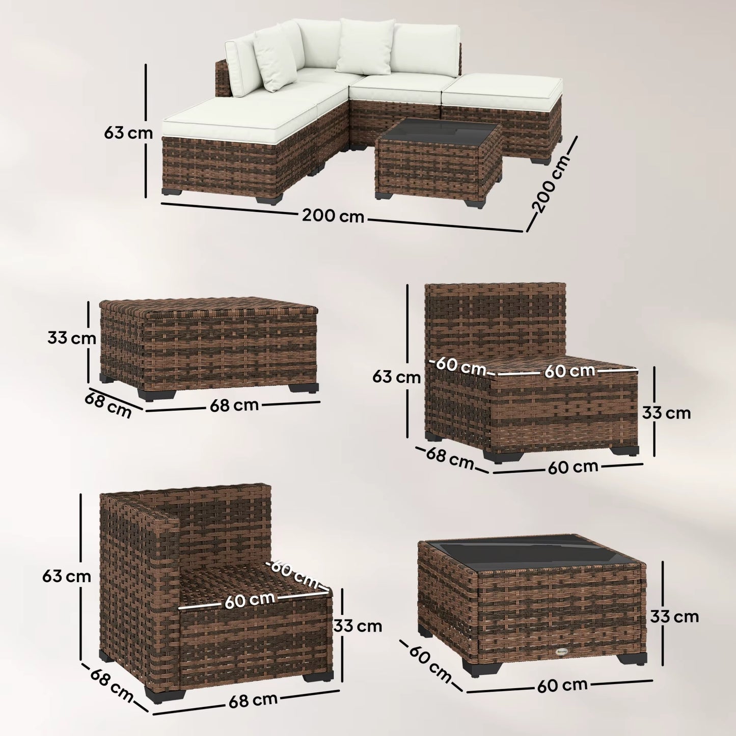 Salon de Jardin Modulable 6 Pièces en Résine Tressée | Coussins Rembourrés