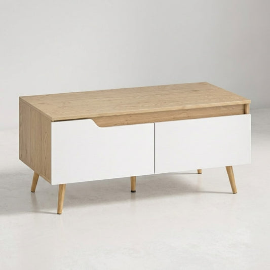 Table Basse Scandinave Blanc et Bois Chêne - 2 Tiroirs de Rangement