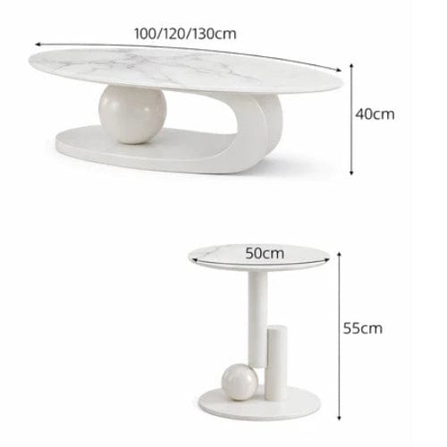 Marbre blanc et Blanc cassé / Ensemble 120 cm Table basse Ovale design - Table basse salon Moderne Maison Lysea
