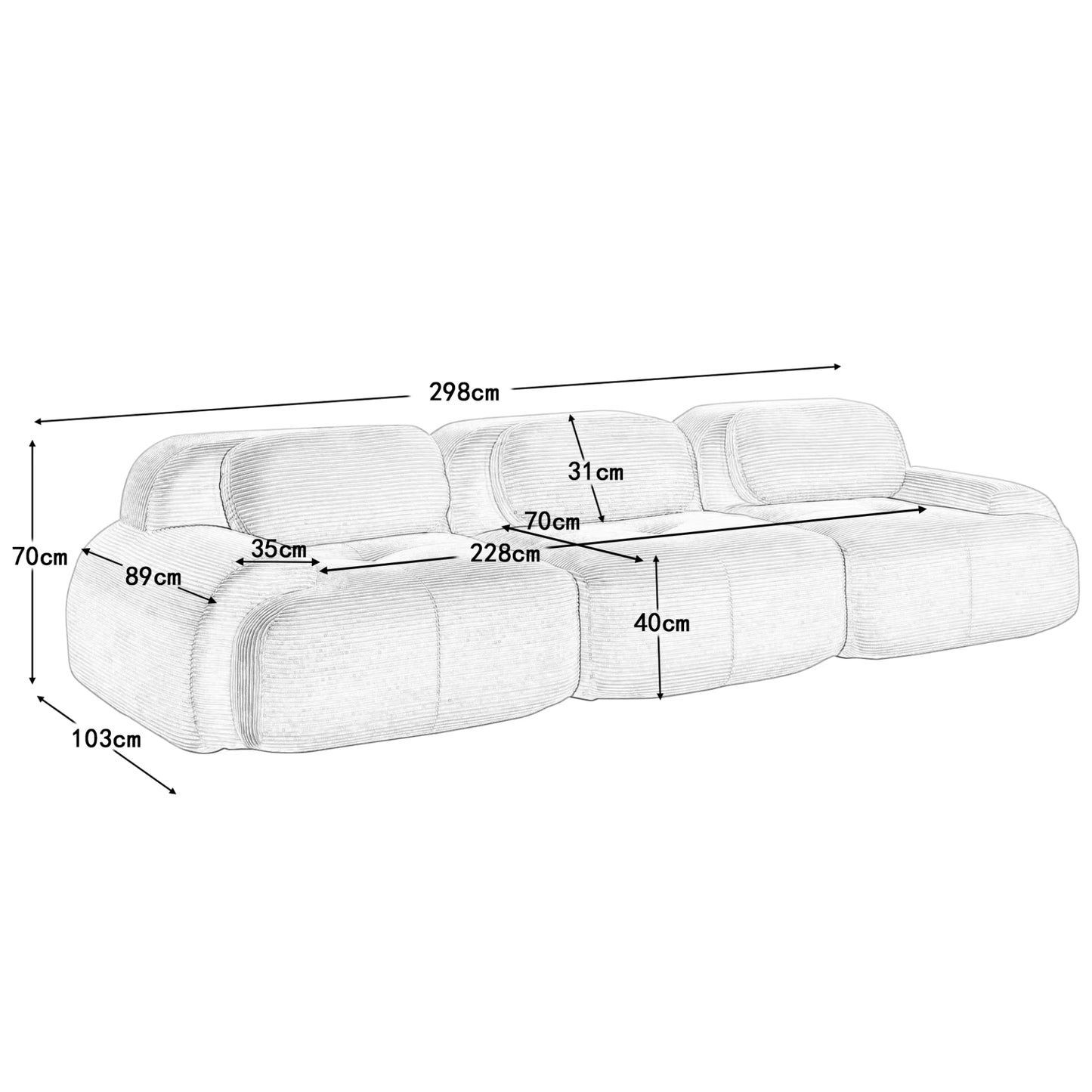 Canapé 3 Places droit en Velours Côtelé – Design Modulable et Confort