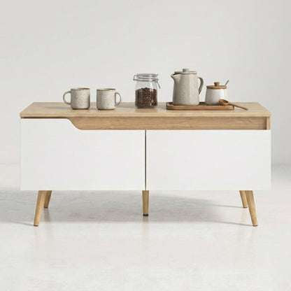 Table Basse Scandinave Blanc et Bois Chêne - 2 Tiroirs de Rangement