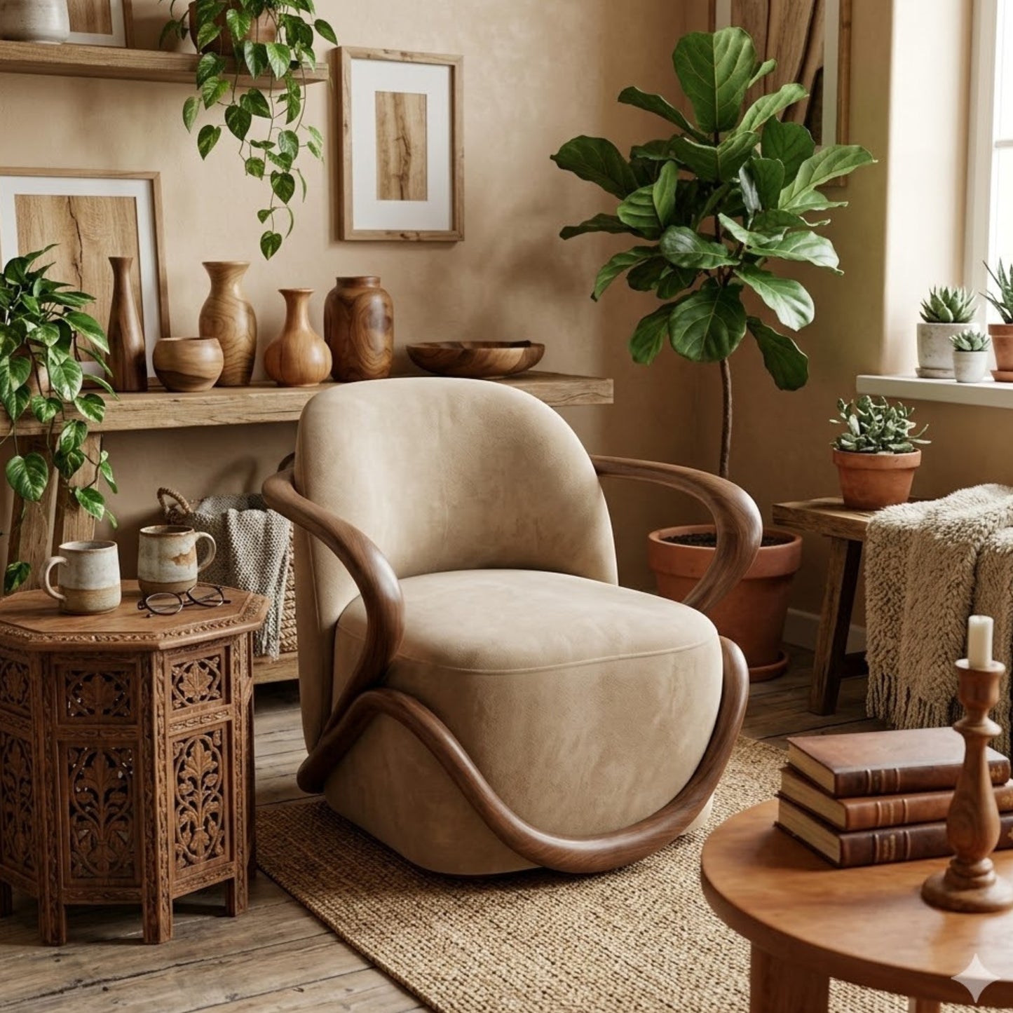 Fauteuil Lounge Sculptural en Velours & Bois | Design Contemporain