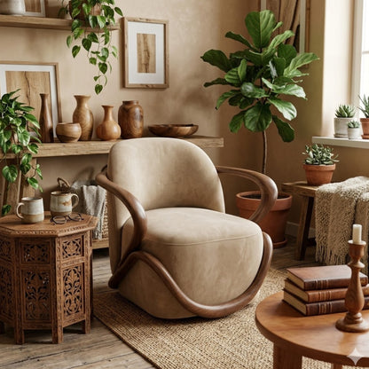 Fauteuil Lounge Sculptural en Velours & Bois | Design Contemporain