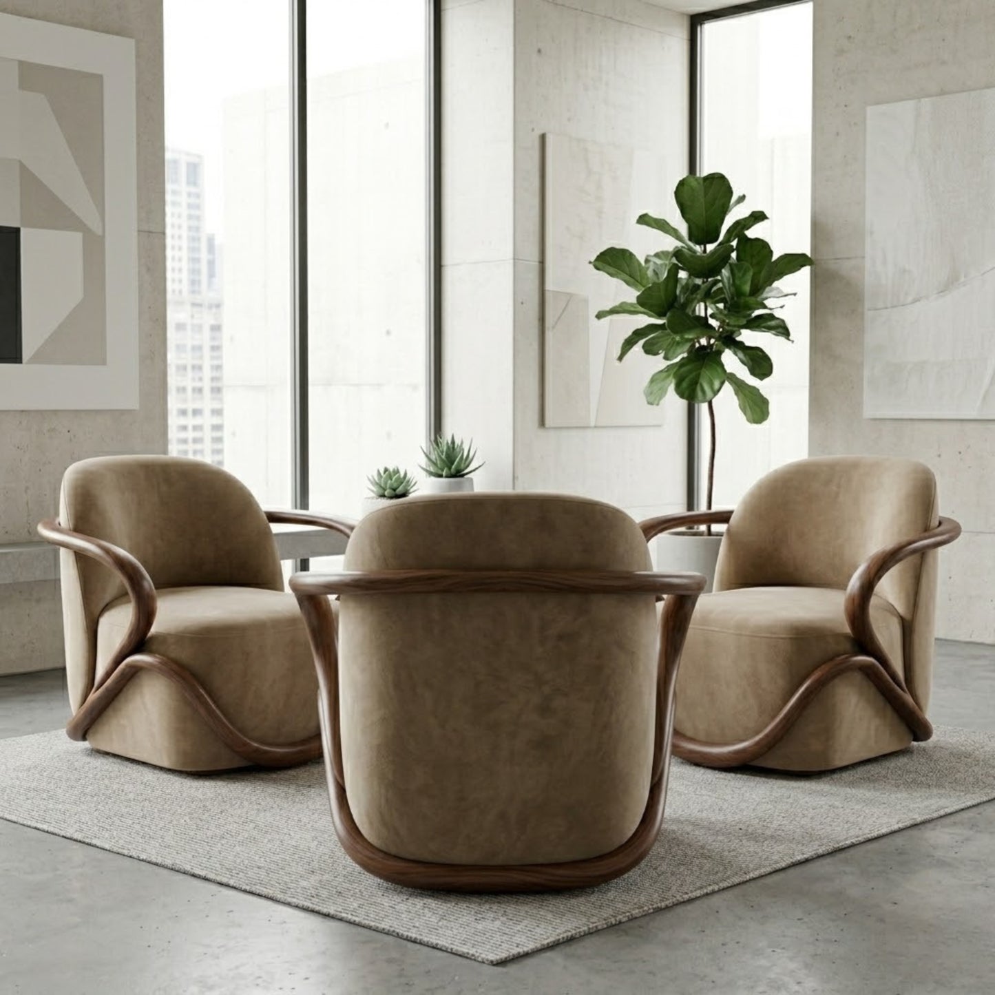 Fauteuil Lounge Sculptural en Velours & Bois | Design Contemporain