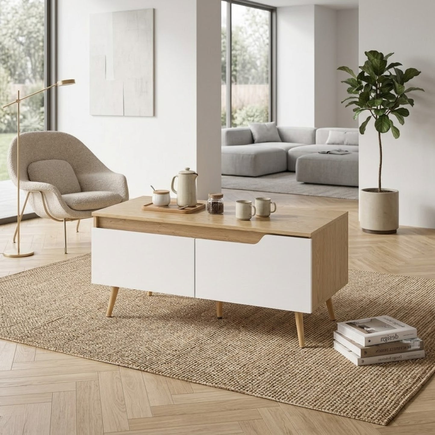 Table Basse Scandinave Blanc et Bois Chêne - 2 Tiroirs de Rangement