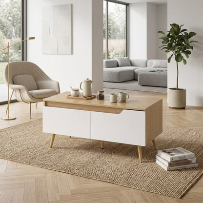 Table Basse Scandinave Blanc et Bois Chêne - 2 Tiroirs de Rangement