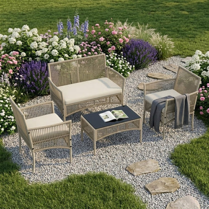 Ensemble de Jardin 4 Pièces Style Bohème - Salon de Balcon en Résine Tressée