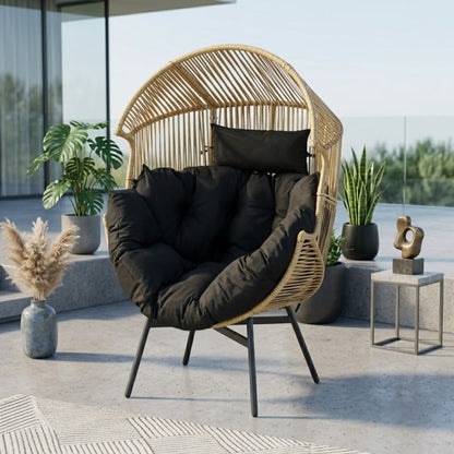 Fauteuil Oeuf de Jardin sur Pieds - Chaise Longue Design en Rotin Tressé et Acier