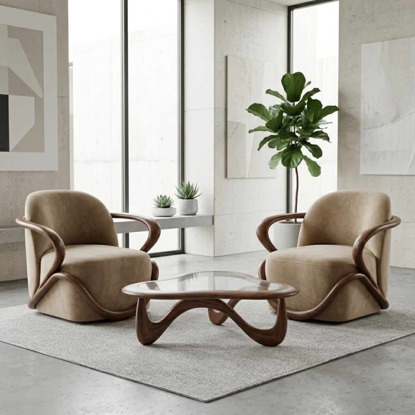 Fauteuil Lounge Sculptural en Velours & Bois | Design Contemporain