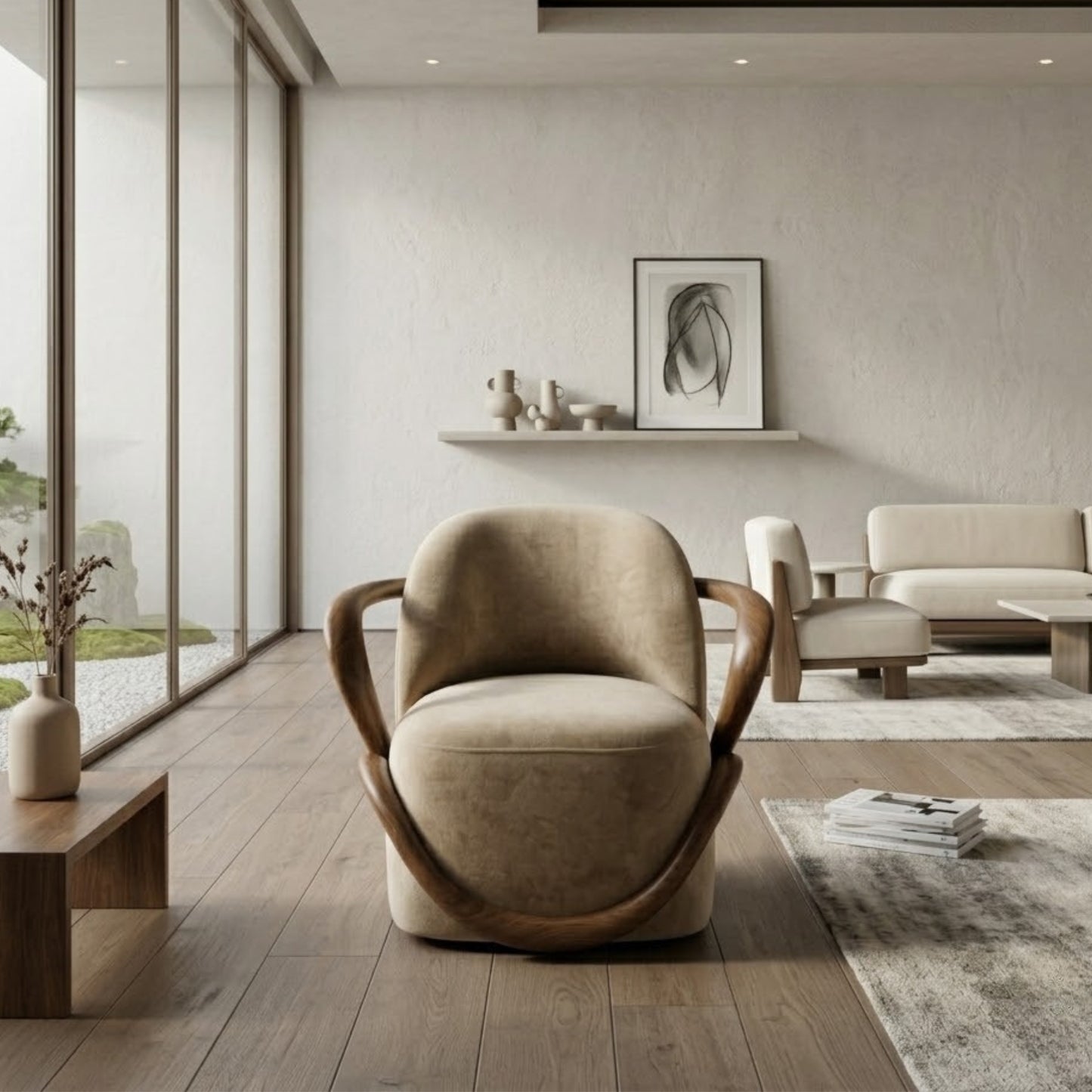 Fauteuil Lounge Sculptural en Velours & Bois | Design Contemporain