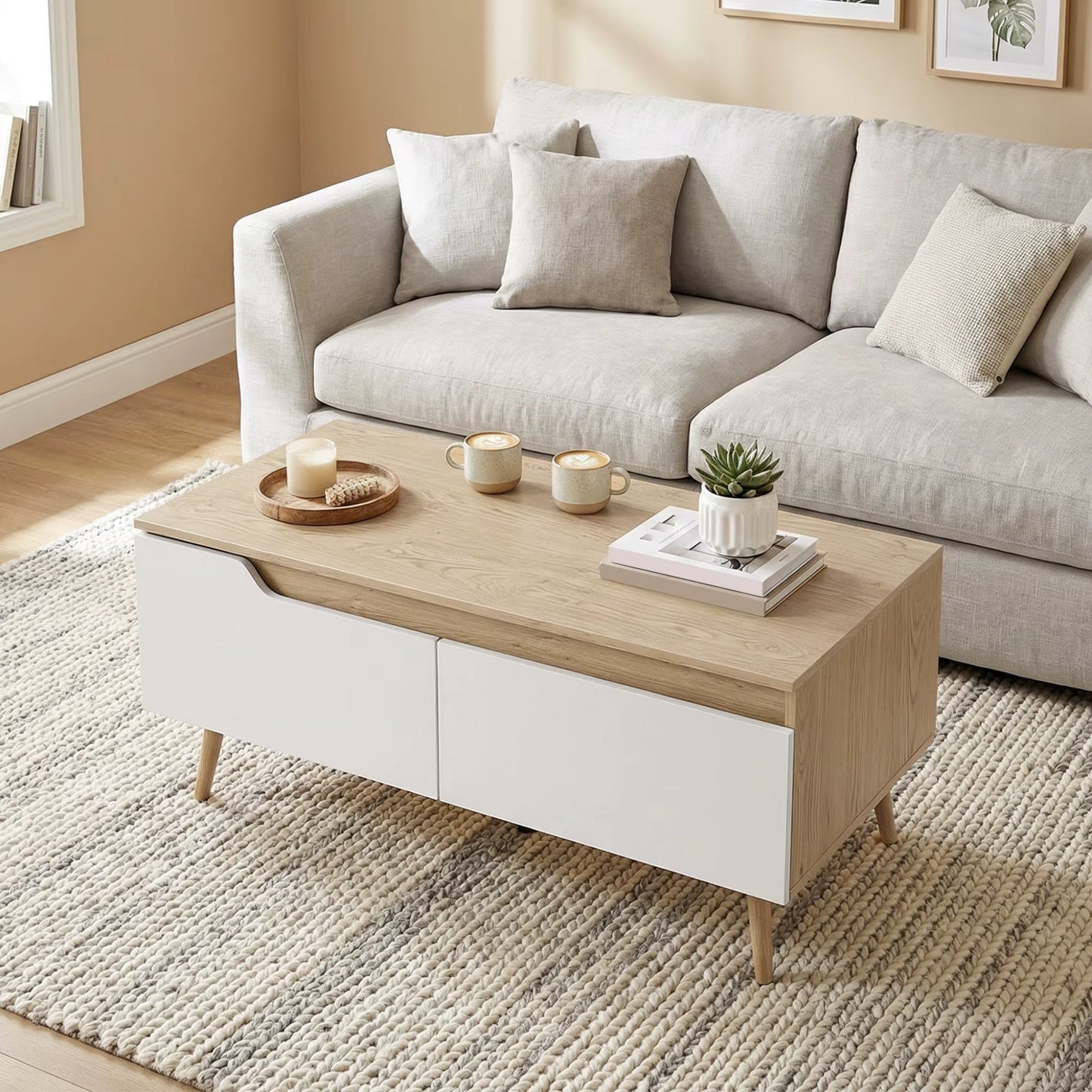 Table Basse Scandinave Blanc et Bois Chêne - 2 Tiroirs de Rangement