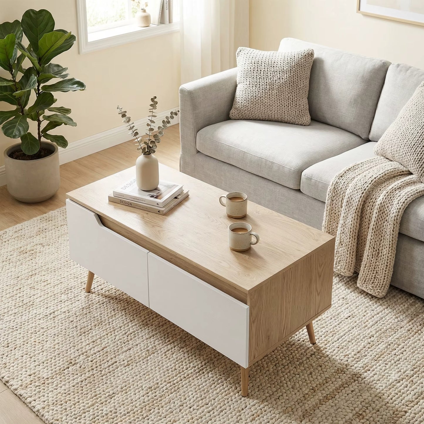 Table Basse Scandinave Blanc et Bois Chêne - 2 Tiroirs de Rangement