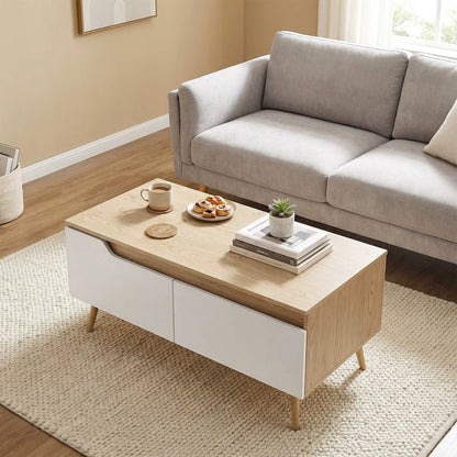 Table Basse Scandinave Blanc et Bois Chêne - 2 Tiroirs de Rangement