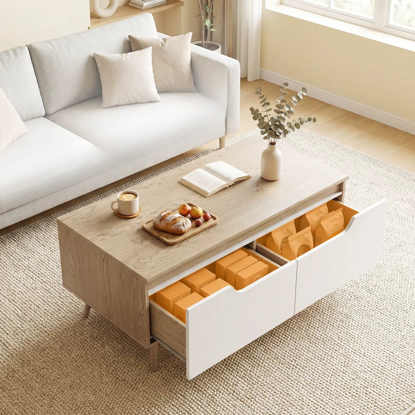 Table Basse Scandinave Blanc et Bois Chêne - 2 Tiroirs de Rangement