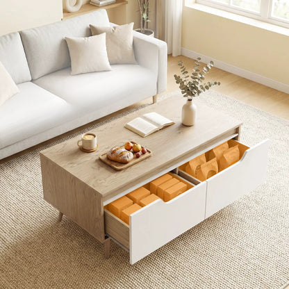 Table Basse Scandinave Blanc et Bois Chêne - 2 Tiroirs de Rangement