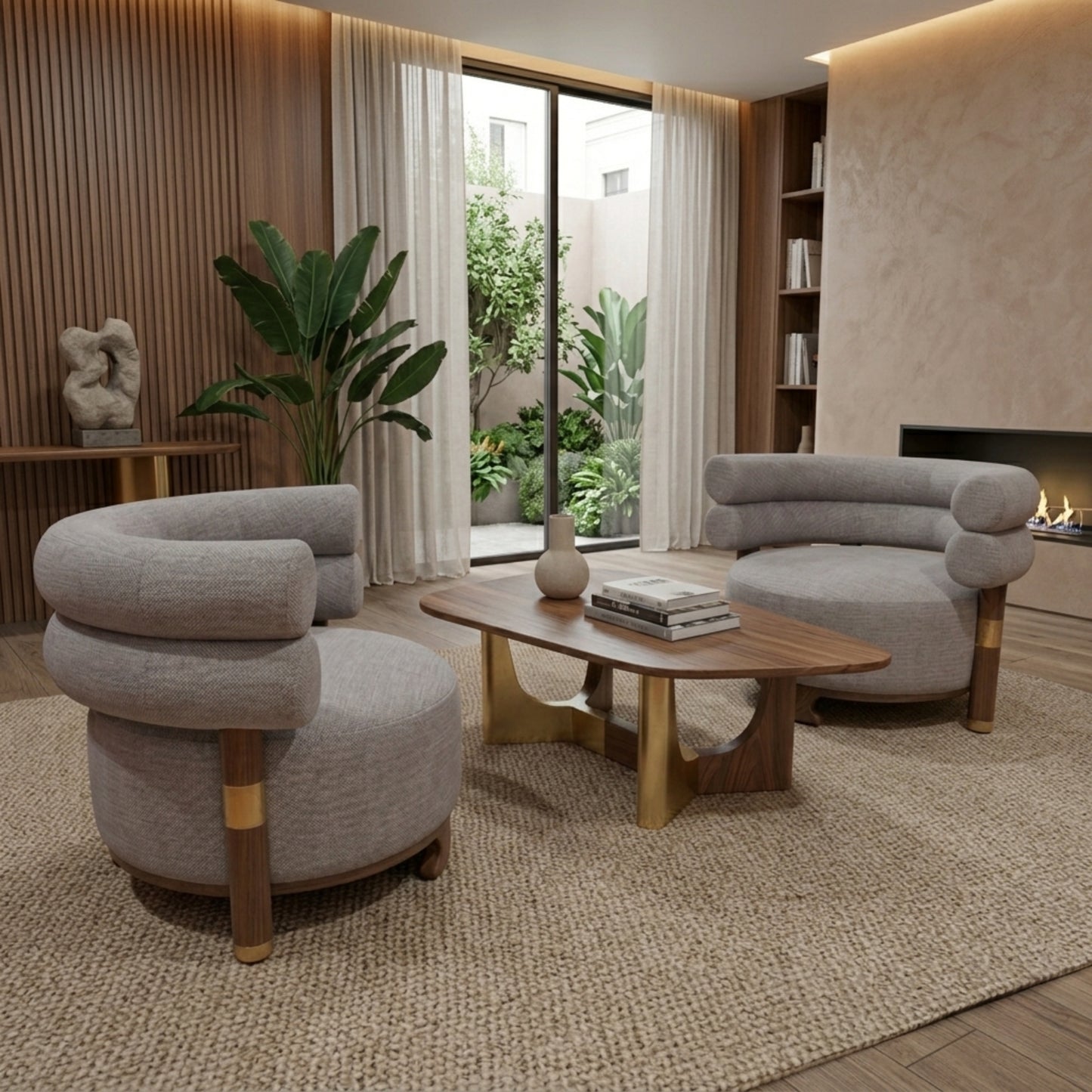 Fauteuil Lounge Bouclé Courbe & Laiton | Design Arrondi Premium