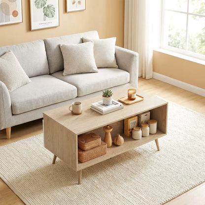 Table Basse Scandinave Blanc et Bois Chêne - 2 Tiroirs de Rangement