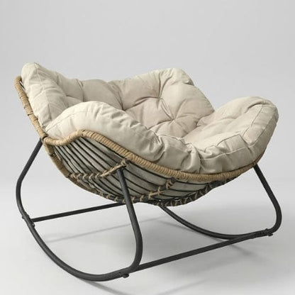 Blanc Chaise Longue à Bascule en Rotin & Chanvre | Fauteuil Relax Design Maison Lysea
