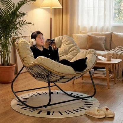 Chaise Longue à Bascule en Rotin & Chanvre | Fauteuil Relax Design Maison Lysea