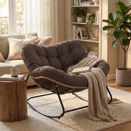Chaise Longue à Bascule en Rotin & Chanvre | Fauteuil Relax Design Maison Lysea