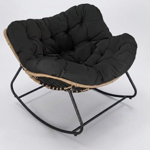 Noir Chaise Longue à Bascule en Rotin & Chanvre | Fauteuil Relax Design Maison Lysea