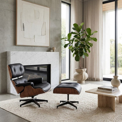 Fauteuil de salon inclinable en Cuir Noir et Bois | Finition artisanale haut de gamme Maison Lysea