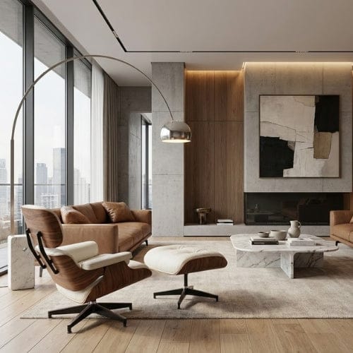 Cuir Blanc véritable Fauteuil design inclinable en Cuir blanc | Finition bois artisanale Maison Lysea
