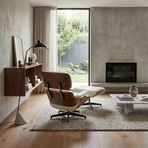 Cuir Blanc véritable Fauteuil design inclinable en Cuir blanc | Finition bois artisanale Maison Lysea