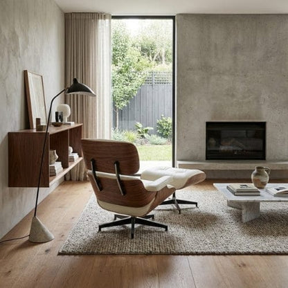 Cuir Blanc véritable Fauteuil design inclinable en Cuir blanc | Finition bois artisanale Maison Lysea