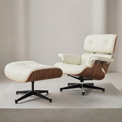Cuir Blanc véritable Fauteuil design inclinable en Cuir blanc | Finition bois artisanale Maison Lysea