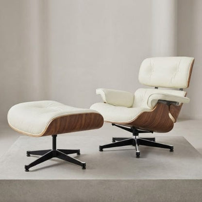 Cuir Blanc véritable Fauteuil design inclinable en Cuir blanc | Finition bois artisanale Maison Lysea