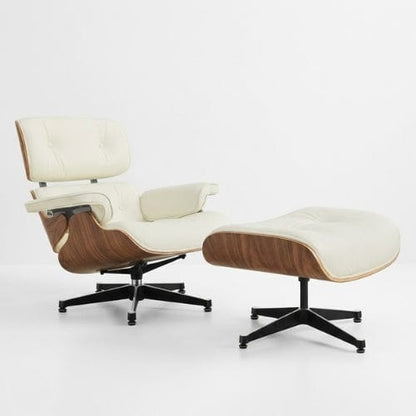Cuir Blanc véritable Fauteuil design inclinable en Cuir blanc | Finition bois artisanale Maison Lysea