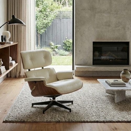 Cuir Blanc véritable Fauteuil design inclinable en Cuir blanc | Finition bois artisanale Maison Lysea