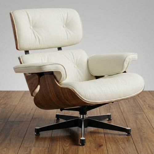 Cuir Blanc véritable Fauteuil design inclinable en Cuir blanc | Finition bois artisanale Maison Lysea
