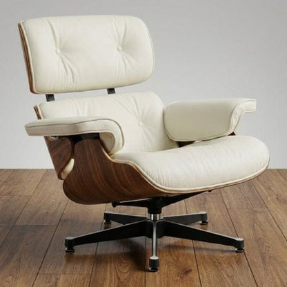 Cuir Blanc véritable Fauteuil design inclinable en Cuir blanc | Finition bois artisanale Maison Lysea