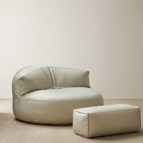 Blanc / Fauteuil + repose pied Fauteuil Pouf demi-lune en Cuir véritable - Pouf design scandinave Maison Lysea