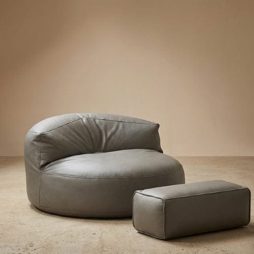 Gris / Fauteuil + repose pied Fauteuil Pouf demi-lune en Cuir véritable - Pouf design scandinave Maison Lysea