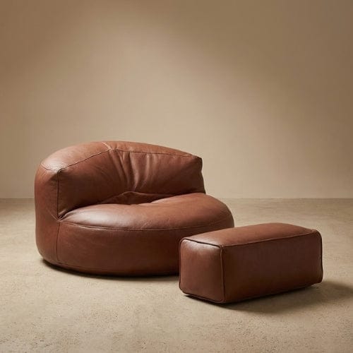Marron / Fauteuil + repose pied Fauteuil Pouf demi-lune en Cuir véritable - Pouf design scandinave Maison Lysea