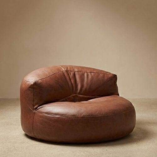 Marron / Fauteuil seul Fauteuil Pouf demi-lune en Cuir véritable - Pouf design scandinave Maison Lysea