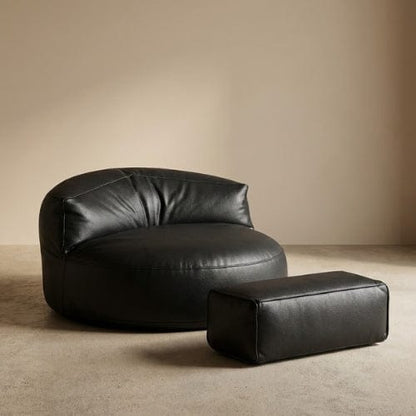 Noir / Fauteuil + repose pied Fauteuil Pouf demi-lune en Cuir véritable - Pouf design scandinave Maison Lysea